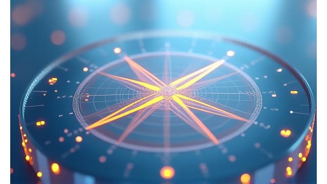 A glowing digital compass symbolizing direction and accuracy in a data-rich environment, representing journalistic mission and vision.