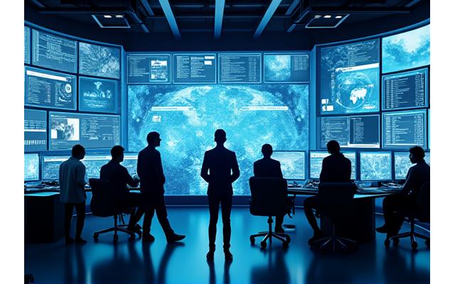 Journalists working in a modern, collaborative newsroom with large screens displaying data and news feeds, illustrating digital innovation.