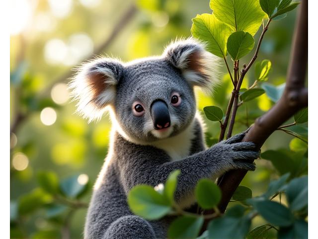 A cute koala perched amongst vibrant green eucalyptus leaves, looking directly at the camera, symbolizing Australia's unique and vulnerable wildlife.