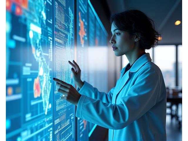 CSIRO climate scientist examining data on multiple screens, showing graphs and a map of Australia, in a modern research lab.