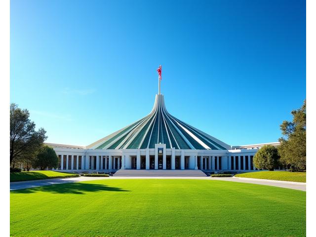 The Australian Parliament House building in Canberra, framed by a clear blue sky, symbolizing government action and policy decisions.