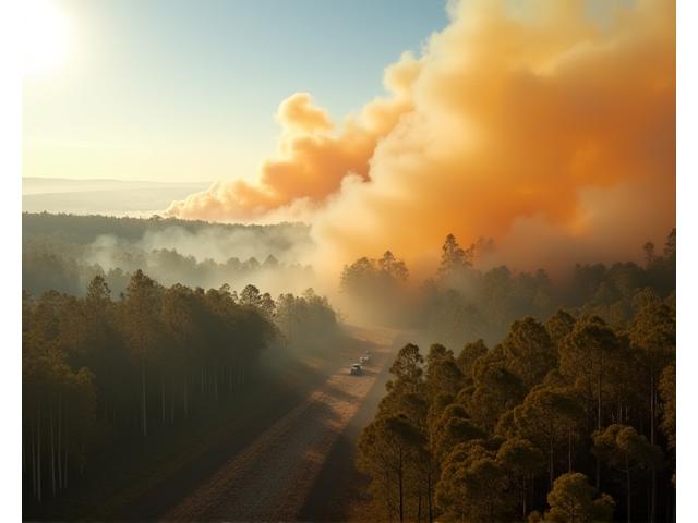 A large, controlled bushfire in an Australian eucalyptus forest, with smoke columns rising, during a preventative burn operation.
