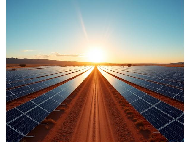A vast solar farm stretching to the horizon under a clear blue Australian sky, with rows of photovoltaic panels efficiently harnessing sunlight.