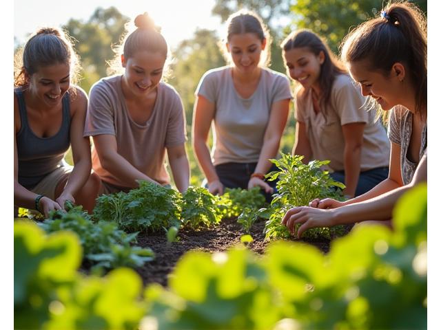 Diverse group of people of all ages working together in a vibrant community garden, planting seedlings and tending to vegetables under the Australian sun.