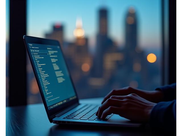 Journalist typing on a secure laptop, silhouetted against a softly blurred city skyline representing confidential news tip submission.