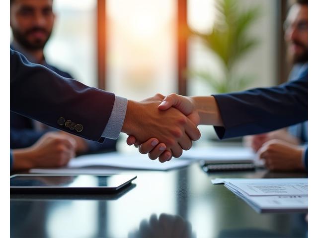 Two professionals shaking hands over a table with documents and a tablet, conveying a successful business partnership in a modern office setting.