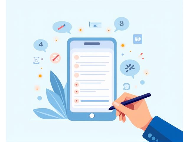 Someone filling out a digital feedback form, with thought bubbles and icons representing communication and ideas, set in a clean, modern interface.