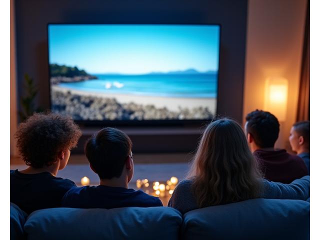 Diverse group of young adults watching a film on a streaming device