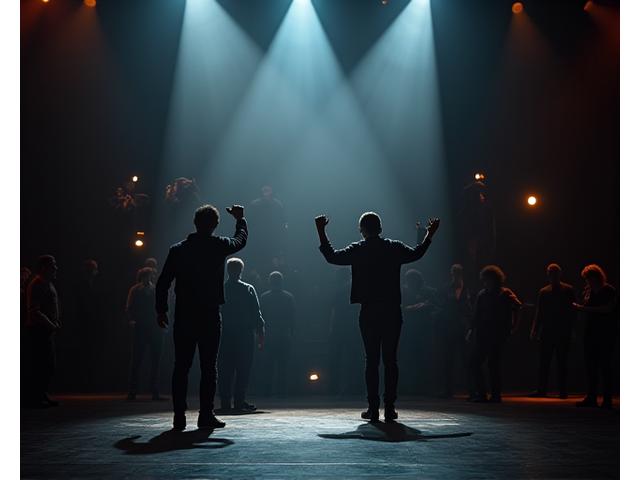 Stage actors performing dramatically in a theatre production