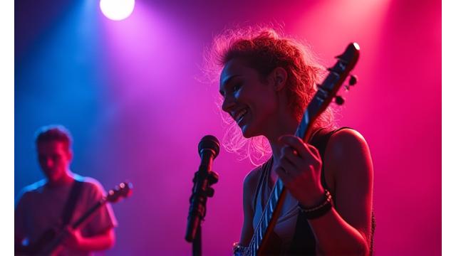 Australian musician performing on stage with vibrant lights