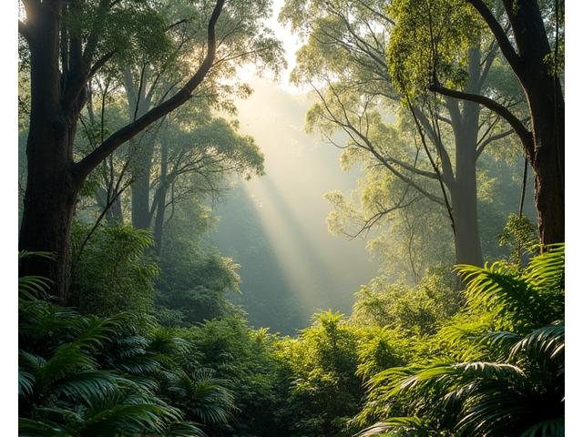 Lush Australian rainforest with sun filtering through