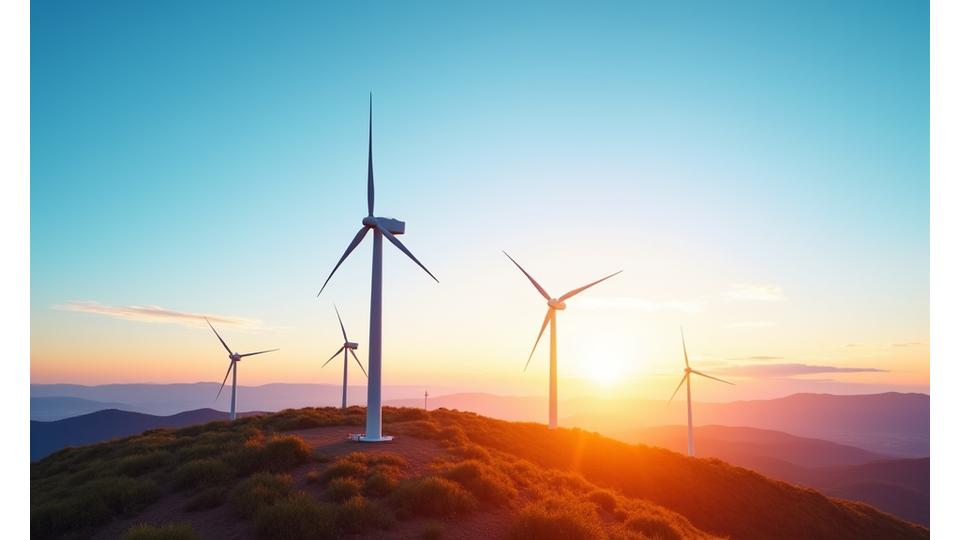 Renewable energy wind turbines against a blue sky