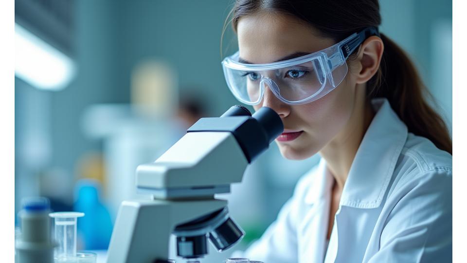 Female scientist in a lab looking at a microscope