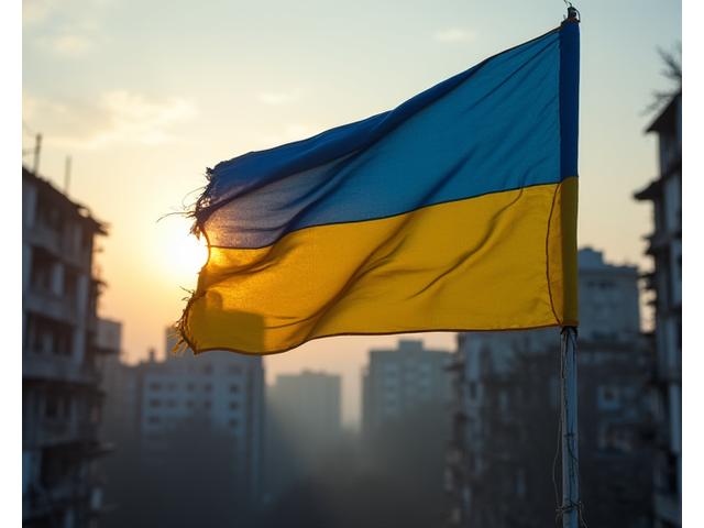 Ukrainian flag against a war-torn building