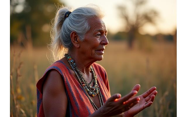 A respected Indigenous Elder speaking powerfully in a community gathering, surrounded by listeners on country.