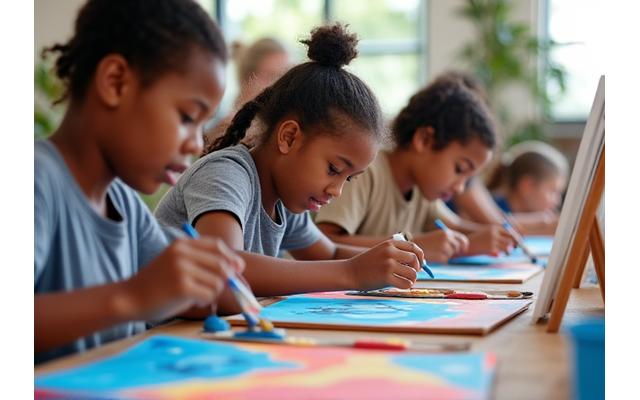 Indigenous youth engaged in an art workshop, painting traditional symbols on canvas with vibrant colors, overseen by a mentor.