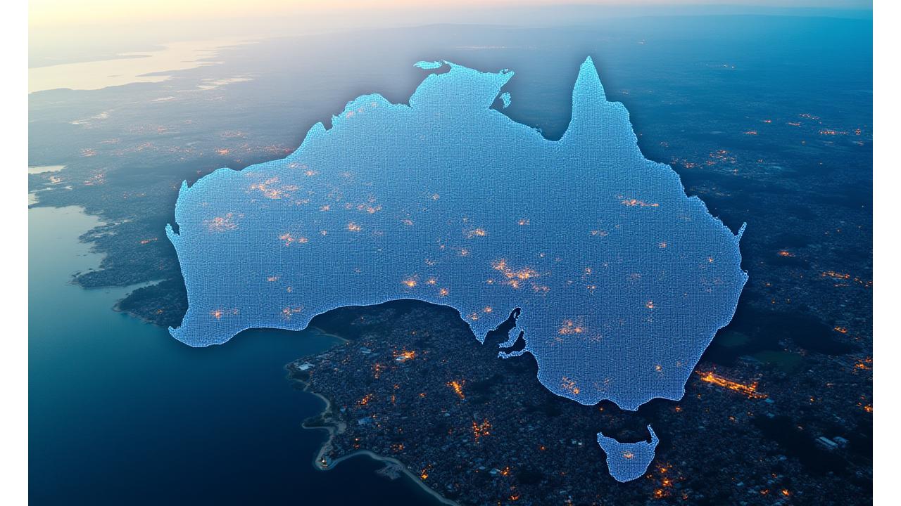 Aerial view of diverse Australian local communities with a clear overlay indicating news connectivity.