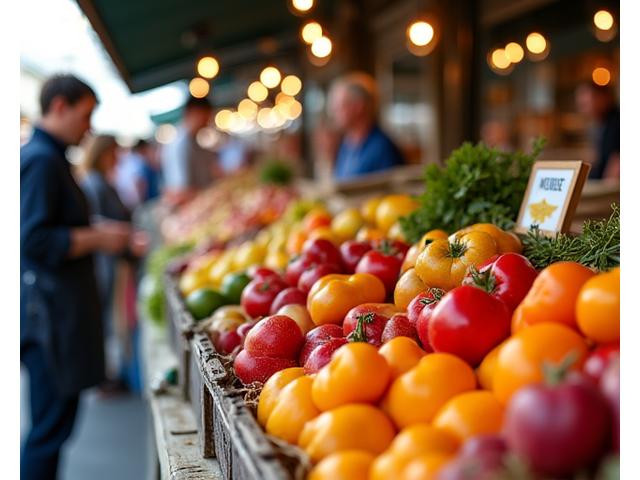 A bustling farmers market filled with fresh produce and artisanal goods.
