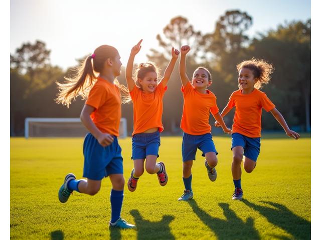 A local junior football team celebrating a goal on a community sports field.