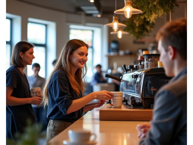 A small, bustling cafe with a friendly barista serving coffee, showcasing local business success.