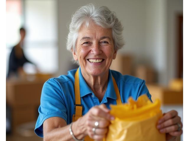 A portrait of a smiling elderly volunteer helping pack food at a local community center.