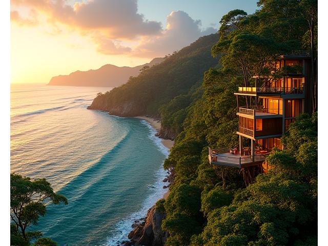 A breathtaking panoramic view of a new ecotourism resort in a pristine Australian natural landscape.