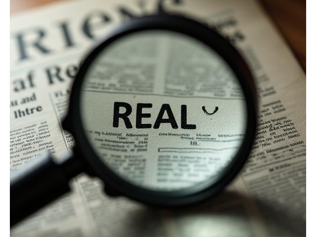 Magnifying glass examining a newspaper headline with 'FAKE' subtly revealed under the surface, representing misinformation detection.