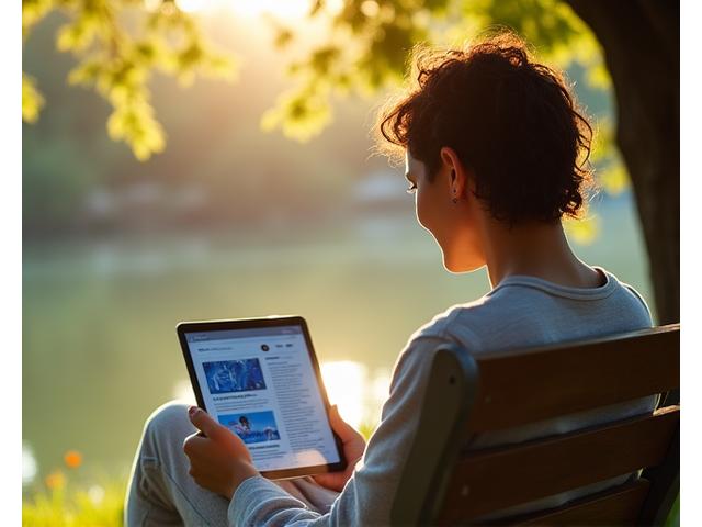 A person calmly reading a digital news article on a tablet in a serene, natural setting like a park, emphasizing mindful news consumption and avoiding information overload.