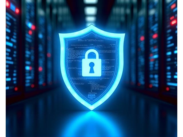 Illustrative image of a digital shield protecting data in a secure, futuristic server room environment.