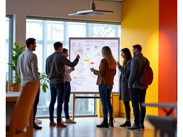 Group of diverse individuals collaborating intensely in a vibrant incubator space, brainstorming ideas on a whiteboard.