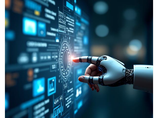 Close up of a robotic hand interacting with a holographic interface displaying complex data visualizations.
