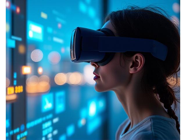 Person wearing a sleek VR/AR headset, interacting with a vibrant, holographic user interface in a blended reality environment with Australian cityscape in background.