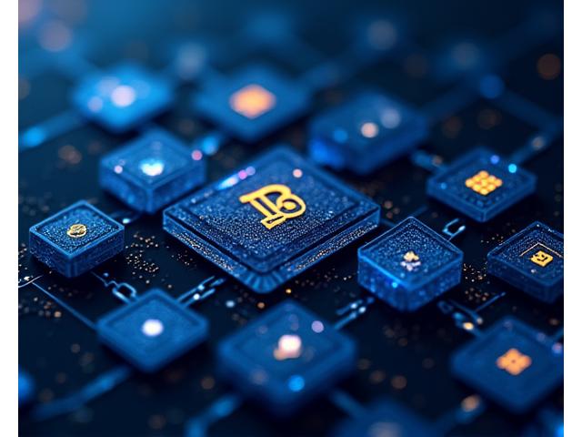 Abstract representation of blockchain ledger with glowing cryptocurrency symbols and interconnected nodes.