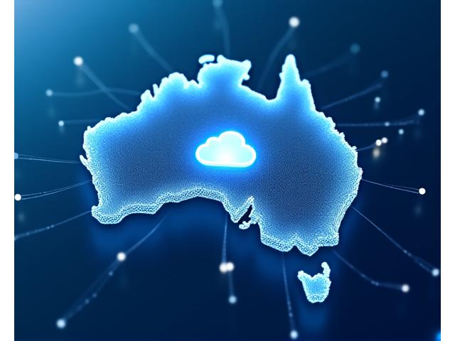 Stylized cloud computing network with data nodes connecting major Australian cities like Sydney, Melbourne, and Perth.