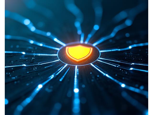 Abstract representation of cybersecurity with data flowing through a secure network, protected by a glowing shield icon.