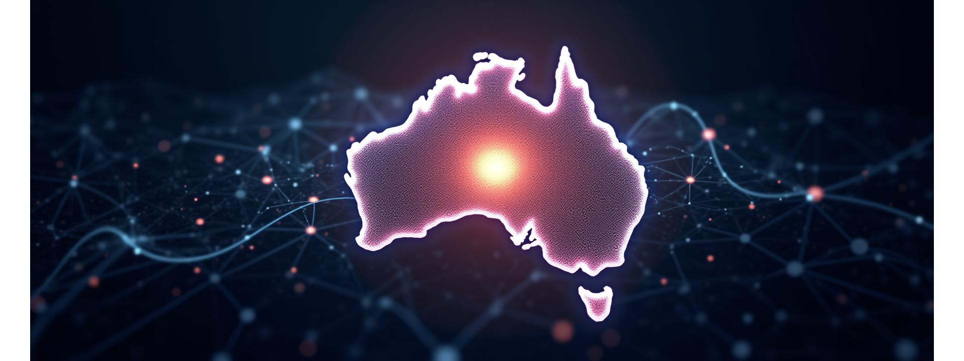 Abstract neural network swirling around a glowing Australian continent hologram, representing advanced AI and tech innovation.