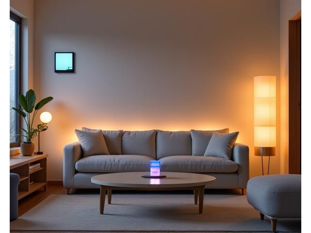 A minimalist smart home living room with various IoT devices (smart speaker, lighting, thermostat) seamlessly integrated.