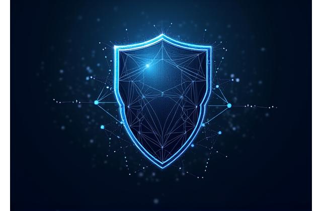 A graphical shield icon overlaid on a network of connected data points, symbolizing protection and disclaimer of liability for digital services.
