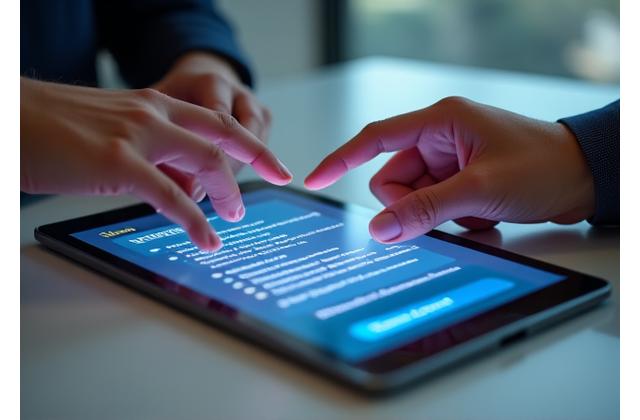 Two hands shaking over a stylized digital tablet displaying news headlines, symbolizing user agreement and digital interaction.