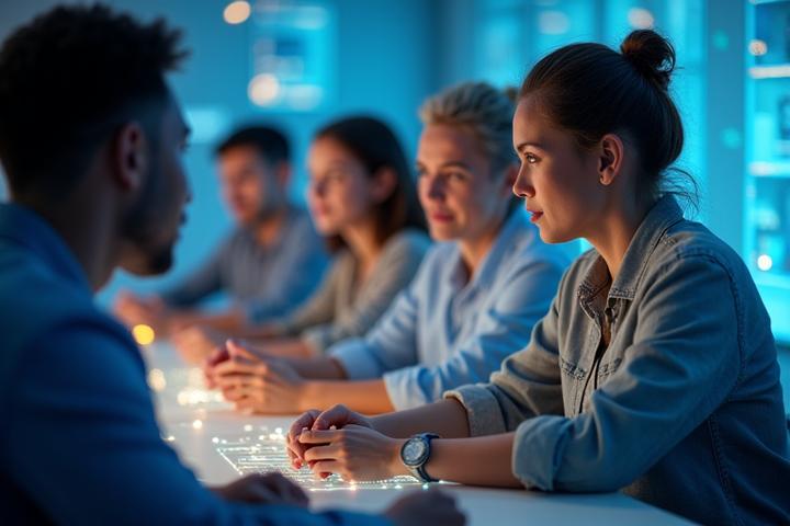 Diverse group of people in a virtual meeting or collaborative online space, depicted with subtle digital overlays and connection lines, emphasizing unity and shared purpose in Australian online communities.