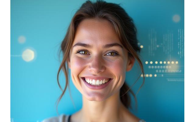 Smiling Australian social media influencer looking directly at the camera, with a vibrant, clean background featuring subtle digital elements, representing authenticity and digital creation.