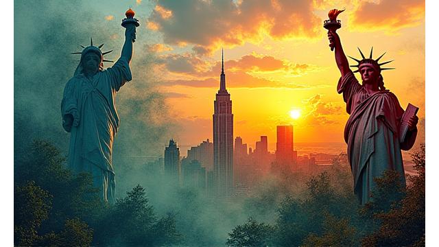 Statue of Liberty silhouetted against a vibrant evening sky, representing news from the Americas