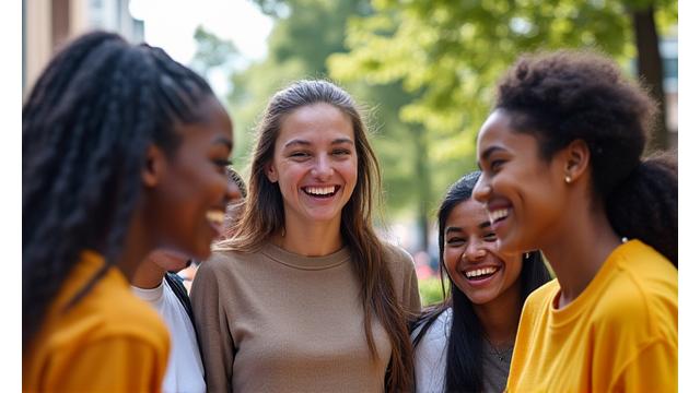 Diverse group of young people laughing and interacting in a dynamic urban setting, symbolizing cultural exchange