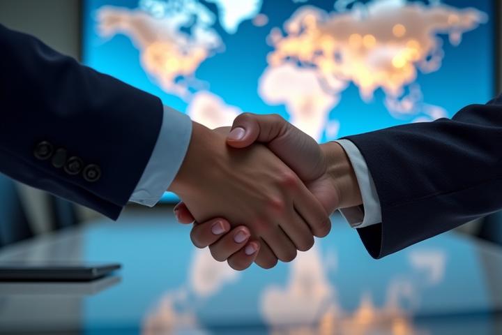 Two hands shaking with national flags blurred in the background, symbolizing international diplomacy