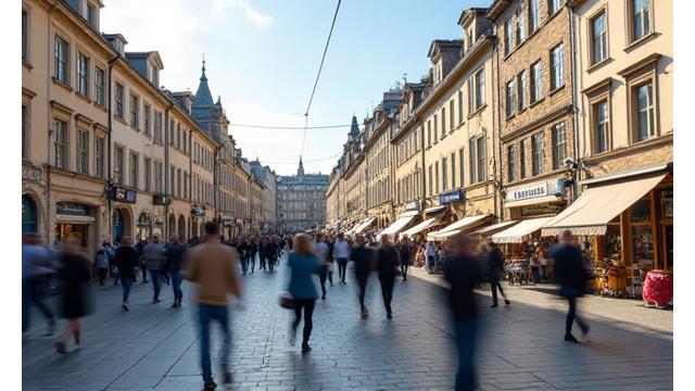 Historic European city square with vibrant activity, representing European news