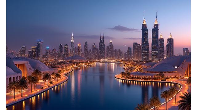 Modern desert city skyline at sunset, representing news from the Middle East